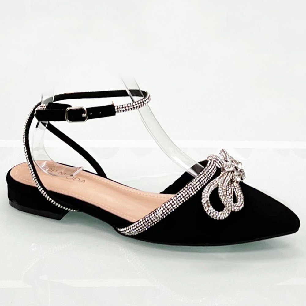 New Black Bow Rhinestone Blingy Pointed Toe  Ankle Strap Flats